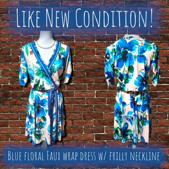 Blue Floral Faux Wrap Knee Length Dress w/Frilly Neckline - Picture 10 of 10